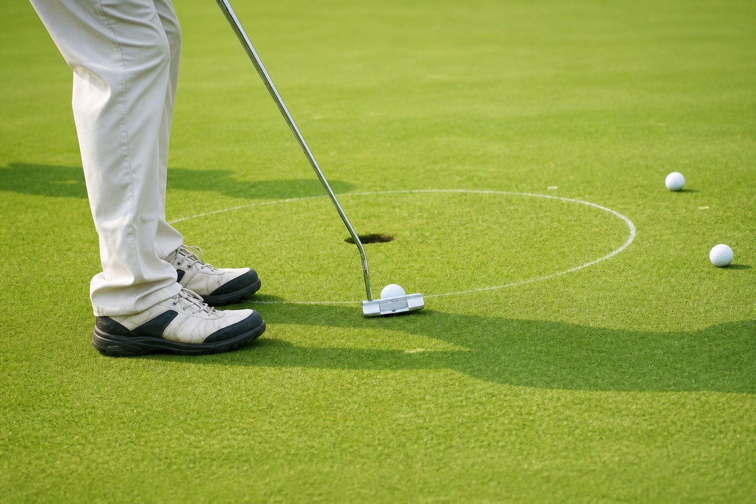 Golfer practicing putting inside a marked target circle during on-course coaching